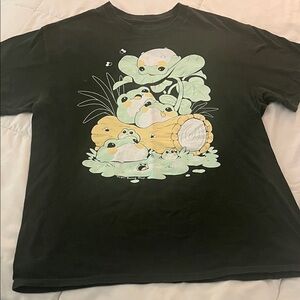 Cute Frog Stack Graphic Tee - Dark Green with Pastel Green & Yellow Print